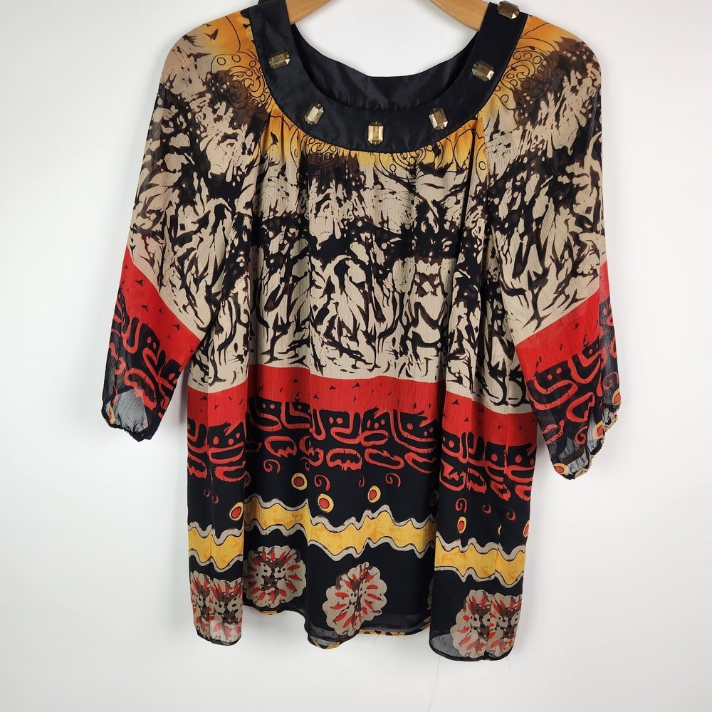 Maggie Barnes Tunic Blouse Womens Beaded Collar Size 1X Artsy